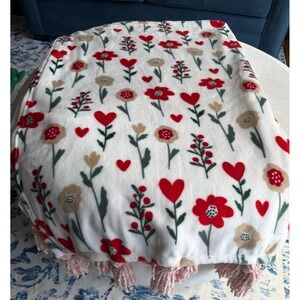 White Plush Throw Blanket Red Hearts Floral Tassels Cozy Valentine's Gift 50x78